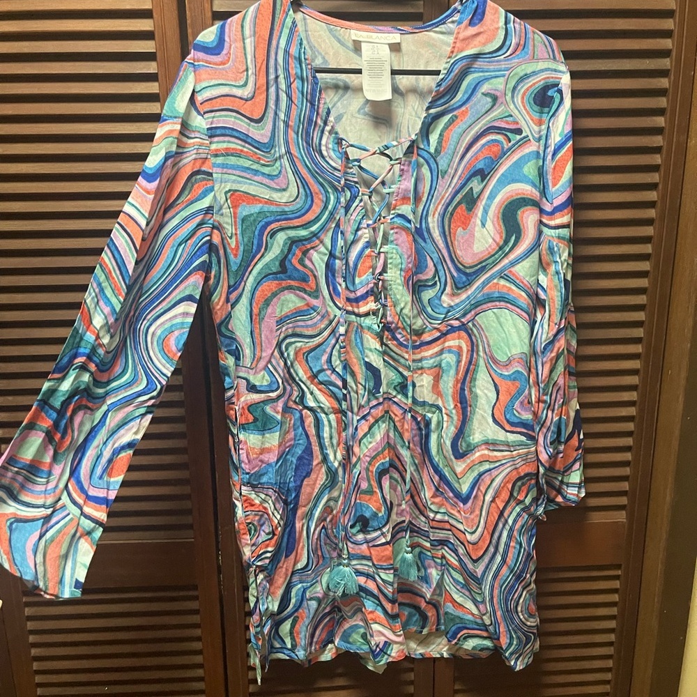 La Blanca Lace-Up V-Neck Tunic Beach Cover Up Size S
